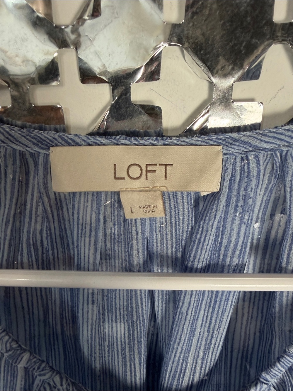 LOFT Light Blue Striped Ruffle-Front Blouse - Picture 2 of 6